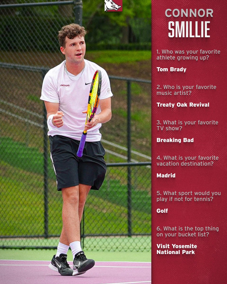 Meet the Team: Returners 🐗

Connor Smillie, a sophomore from Texas, led the Hogs with 15 total doubles wins last year &amp; achieved a 6-0 record in dual singles matches!
