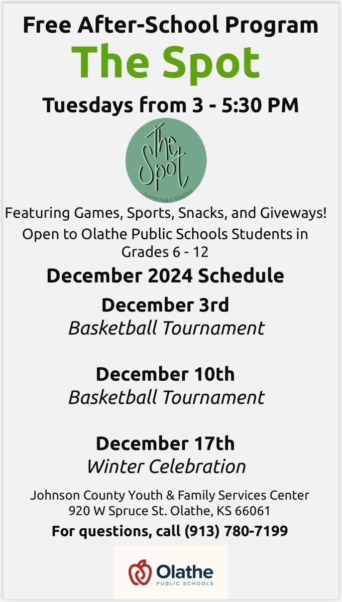 The Spot is open this afternoon for our amazing <a href="/olatheschools/">Olathe Public Schools</a> middle &amp; high school students. Today we have pizza for our students &amp; mentors! 🍕