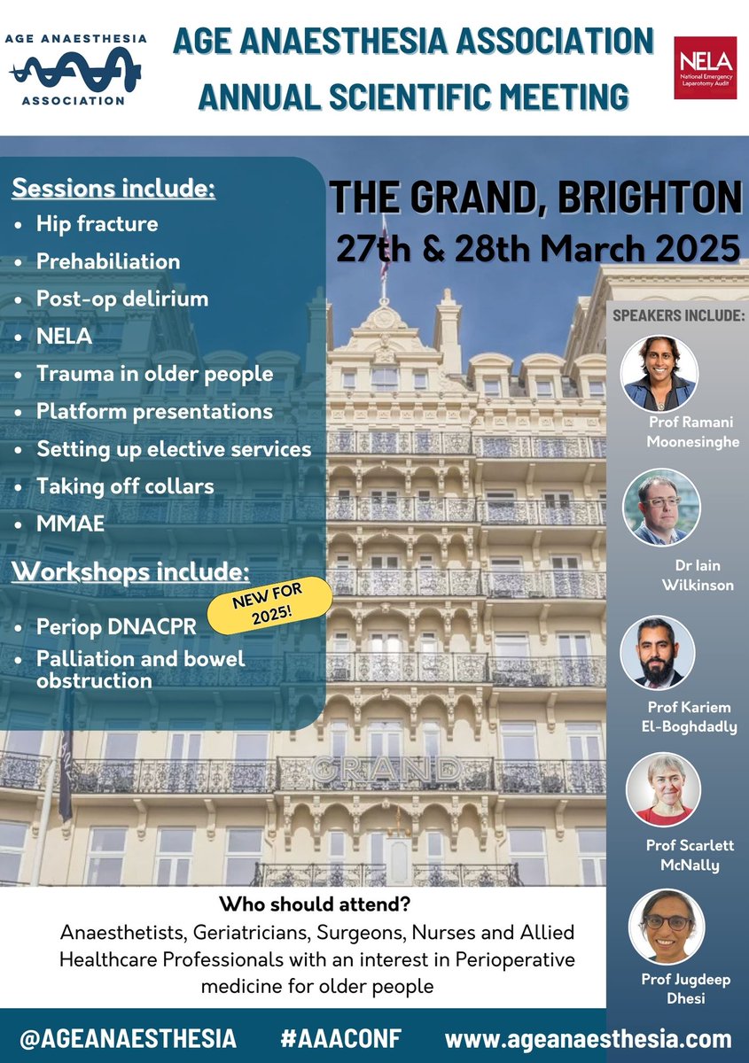 Age Anaesthesia Association ASM 2025 
Sessions and speakers confirmed
<a href="/rmoonesinghe/">Ramani</a> <a href="/scarlettmcnally/">Prof Scarlett McNally</a> <a href="/JKDhesi/">Jugdeep Dhesi</a> <a href="/elboghdadly/">Kariem</a> &amp; Iain Wilkinson

Register now emdevents.eventsair.com/aaa-2025/regpg
#AAAConf #AAA2025 #Brighton