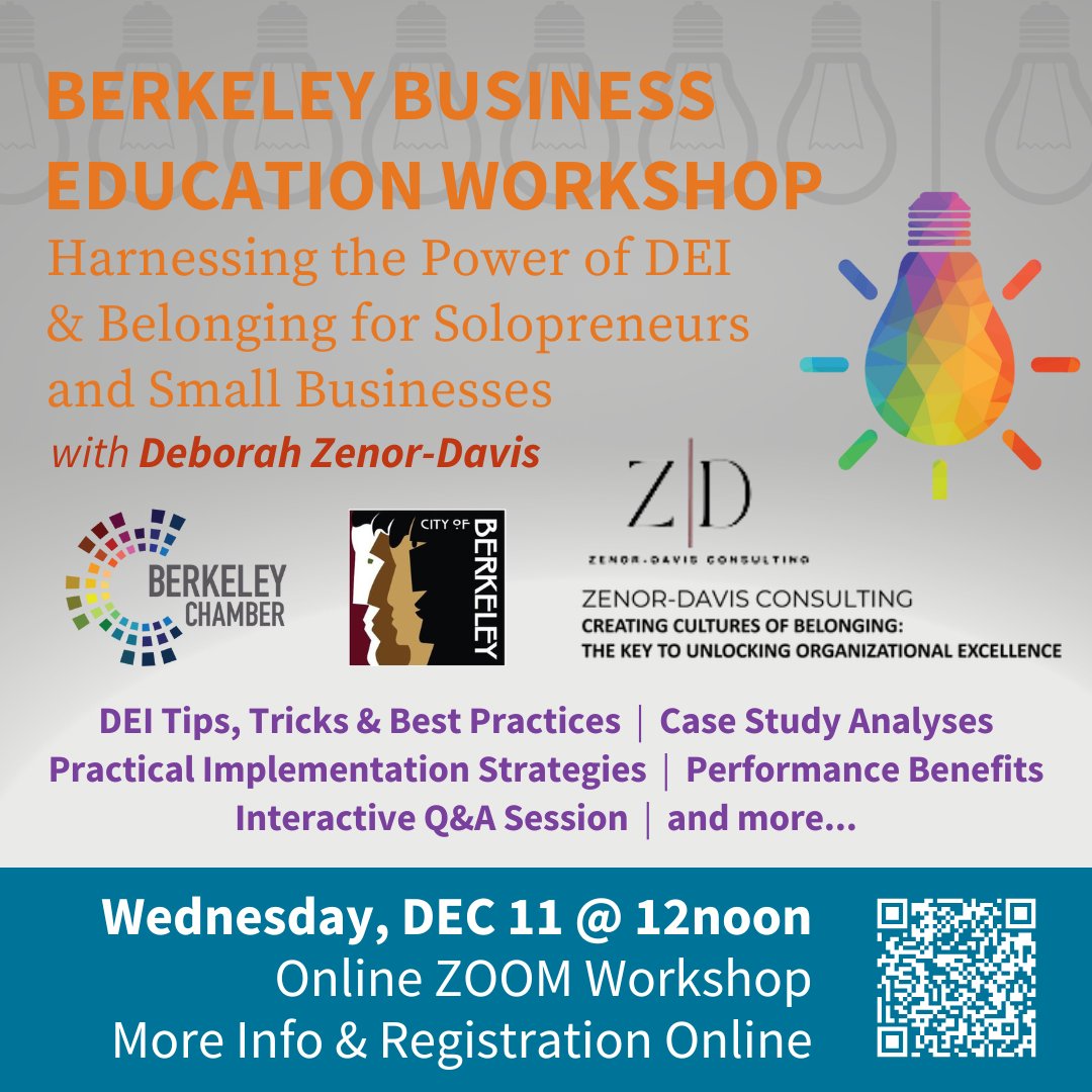 Berkeley, CA Chamber (@berkeleycachamb) on Twitter photo TOMORROW AT NOON - LAST BBEW OF 2024!
Berkeley Business Education Workshop
Harnessing the Power of DEI & Belonging for Solopreneurs and Small Businesses
Wednesday, December 11 | 12:00pm - 1:30pm
ONLINE ZOOM WORKSHOP
Register Now: berkeleychamber.com
<a href="/CityofBerkeley/">City of Berkeley</a> TOMORROW AT NOON - LAST BBEW OF 2024!
Berkeley Business Education Workshop
Harnessing the Power of DEI & Belonging for Solopreneurs and Small Businesses
Wednesday, December 11 | 12:00pm - 1:30pm
ONLINE ZOOM WORKSHOP
Register Now: berkeleychamber.com
<a href="/CityofBerkeley/">City of Berkeley</a>