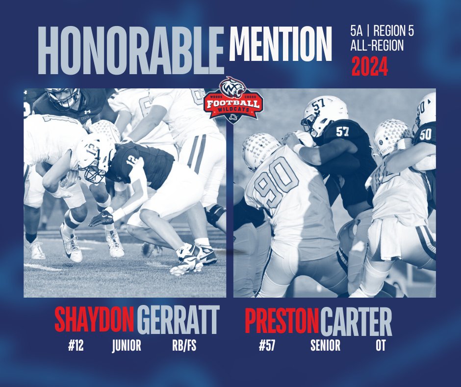 🎉 Congrats to Junior Shaydon Gerratt (#12 RB/SS) and Senior Preston Carter (#58 OT/DE) on earning Honorable Mention All-Region honors! 💪

The Wildcats recognize Shaydon’s versatility on both sides of the ball and Preston’s leadership. Proud of you both! 🐾 #AllRegionHonors