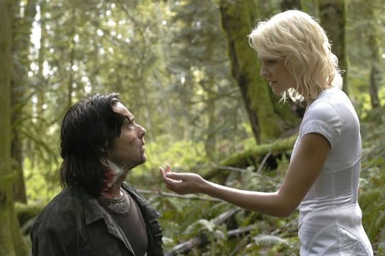 Dr. Gaius Baltar and Caprica Six on Kobol. James Callis, Tricia Helfer. "Battlestar Galactica".