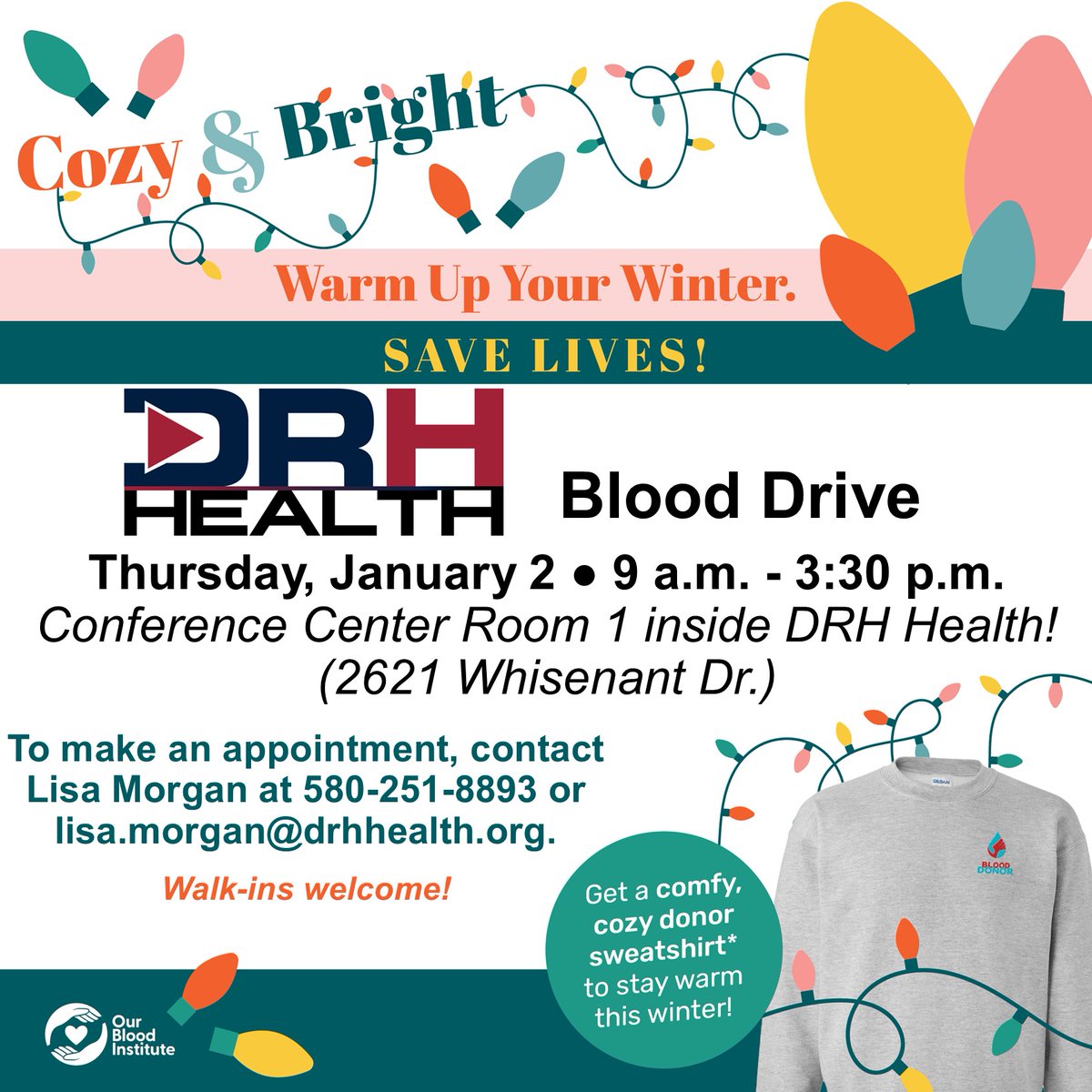 DRH Health (@duncanregional) on Twitter photo Join us to donate blood on January 2 from 9:00 am to 3:30 pm at the DRH Conference Center and get a complimentary blood donor sweatshirt while supplies last! To make your appointment, call 580-251-8893 today! Join us to donate blood on January 2 from 9:00 am to 3:30 pm at the DRH Conference Center and get a complimentary blood donor sweatshirt while supplies last! To make your appointment, call 580-251-8893 today!