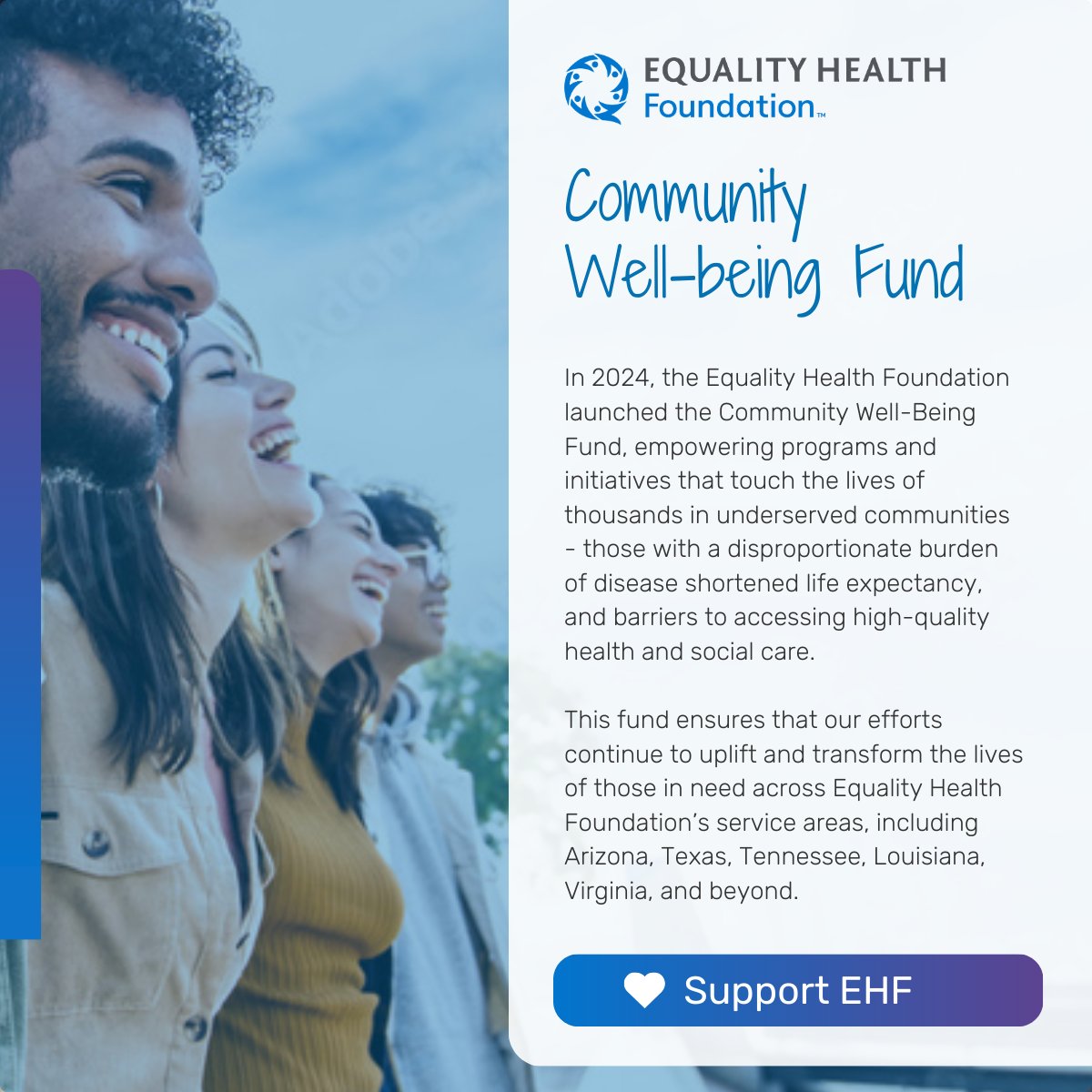 We launched the Community Well-Being Fund to support programs in underserved communities. This fund helps uplift lives in AZ, TX, VA, LA, TN and beyond. Consider donating this Holiday Season!

Learn more at: equalityhealthfoundation.org/wellbeing-init…
 #HealthEquity #WellBeing #MakeaDifference