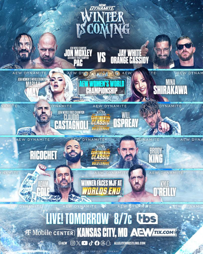 Tony Khan (@tonykhan) on Twitter photo TOMORROW! Wednesday, Dec 11
<a href="/tmobilecenter/">T-Mobile Center</a> Kansas City
8pm ET/7pm CT on TBS
Wednesday Night #AEWDynamite
Winter is Coming!
It’s a stacked show on Wednesday Night Dynamite’s biggest stage
#WinterIsComing
Don’t miss a big Wrestling Wednesday on TBS
Winter is Coming
TOMORROW NIGHT TOMORROW! Wednesday, Dec 11
<a href="/tmobilecenter/">T-Mobile Center</a> Kansas City
8pm ET/7pm CT on TBS
Wednesday Night #AEWDynamite
Winter is Coming!
It’s a stacked show on Wednesday Night Dynamite’s biggest stage
#WinterIsComing
Don’t miss a big Wrestling Wednesday on TBS
Winter is Coming
TOMORROW NIGHT