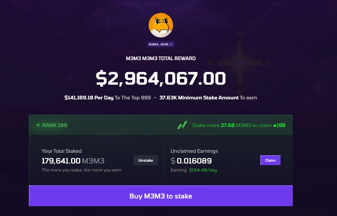 NekozTek's tweet image. Just staked a portion of my #M3M3 position on the platform.

Nothing crazy but roughly ~21k worth of M3 is earning me $154 a day... 

Money glitch?