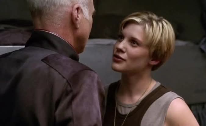 Colonel Saul Tigh and Kara "Starbuck" Thrace. Michael Hogan, Katee Sackhoff. "Battlestar Galactica".