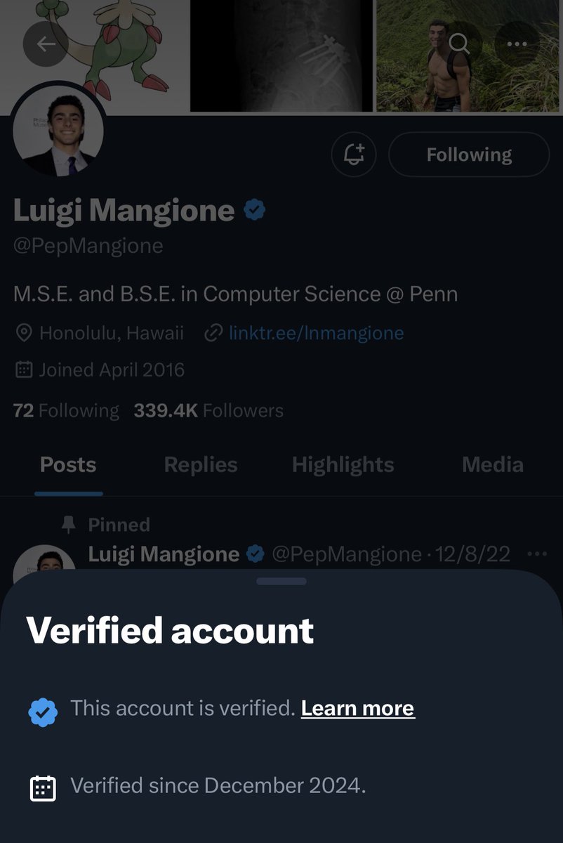 The irresistible Luigi Mangione appears to have gotten Twitter Blue from behind bars! The dreamboat has been verified on X #LuigiCrave #LuigiMangione