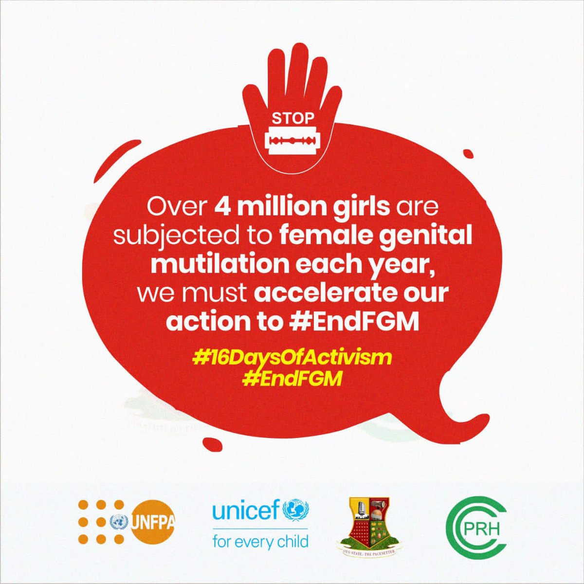 Over 4 million girls are at risk of #FGM every year. It's time to break the cycle. Join us in the fight to #EndFGM and amplify survivor voices. 
#16DaysOfActivism #CCPRHStorm <a href="/UNFPANigeria/">UNFPA Nigeria</a> <a href="/cprh5/">CCPRH</a> <a href="/Ayodejiuzoma/">Uzoma Ayodeji</a> @GPtoEnd
