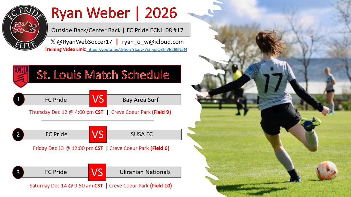 RyanWebSoccer17's tweet photo. If you’re looking for a 2026 defender (OB and CB), please watch me in St. Louis with my FC Pride 08 teammates.  I’ve attached my match schedule and a short training video.

https://t.co/ZRVzA7yLkM 

@ImCollegeSoccer @ImYouthSoccer @TheSoccerWire @ECNLgirls @ECNLOhioValley https://t.co/tOocjWQdgJ