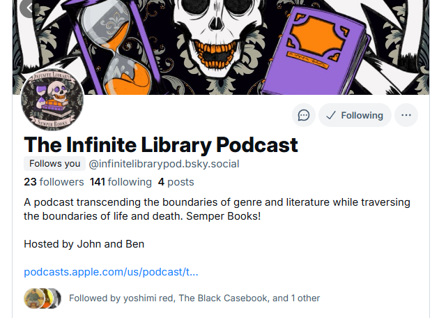 Just a brief heads up to all our followers (all 25 of you). We've set up shop in bluer pastures under infinitelibrarypod. We'll still post here from time to time but looking to see who's on who over there. Give us a follow!