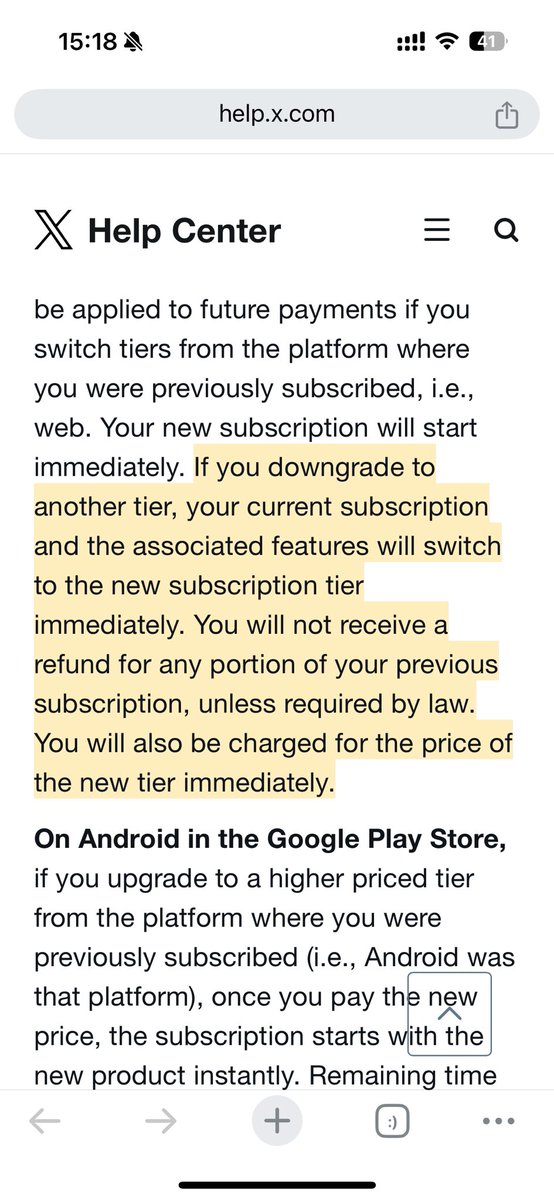 EasyCompanyH20's tweet photo. I love @elonmusk . But I can’t wrap my head around the premium policies and customer service of X now. It’s really disappointing.

I bought X premium for 8 dollars a months ago, and immediately cancelled auto subscription because I don’t want it. A couple of days later I decided to try premium+, so I upgraded and paid 8 dollars extra, without noticing this will simply restart the auto renewal, until yesterday I was charged another 16 dollars for premium plus.

I contacted @premium, and said I understand if I am not able to get refund. But as least I want to downgrade to premium, and presumably I can get 2 months of premium if I do that, right?

But when I checked the FAQ of X, it says otherwise. If I understand correctly, If I subscribed on desktop, and try downgrading, not only I would not get anything back(time or money), but I will be charged again immediately for 8 dollars for premium. And I will be downgraded immediately. That doesn’t make sense, so I asked @premium but received no reply anymore. 

Interestingly, even Grok says the X FAQ is “unfair or unclear”. 

So again, I love Elon. But to be honest, the whole premium system is poorly designed and the customer service of the platform is non-existent. I hate to say that Amazon or Microsoft etc. provides 100x better customer service. 
 
16 is not tons of money so I wouldn’t think too much about it anymore. I just hope Elon notices that X still has a lot to improve.