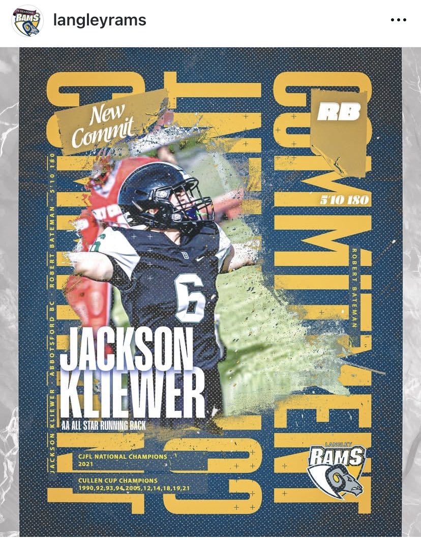Jackson (@jackson_kliewer) on Twitter photo Excited to announce my commitment to the Langley Rams! I'd like to thank my family, friends, teammates, and coaches for your support. Let the next chapter begin!🐏 <a href="/JordanMcCartyQB/">Jordan McCarty</a> <a href="/cole_barron/">Cole Barron</a> <a href="/LangleyRams/">Langley Rams</a> <a href="/BatemanFootball/">Bateman Football</a> Excited to announce my commitment to the Langley Rams! I'd like to thank my family, friends, teammates, and coaches for your support. Let the next chapter begin!🐏 <a href="/JordanMcCartyQB/">Jordan McCarty</a> <a href="/cole_barron/">Cole Barron</a> <a href="/LangleyRams/">Langley Rams</a> <a href="/BatemanFootball/">Bateman Football</a>