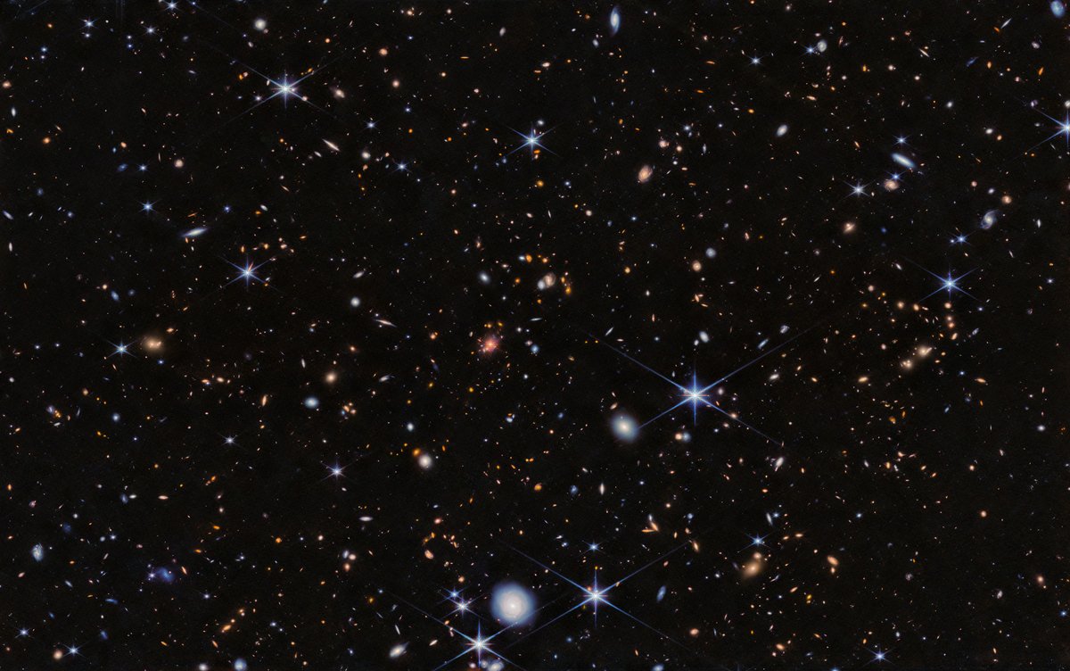 waitbutwhy's tweet image. The Webb telescope recently set its sights on a little piece of the night sky, capturing thousands of galaxies in a cluster 10 billion light years away. Every tiny dot in this image (obvious stars aside) is a cosmic megalopolis that may be home to millions of civilizations.