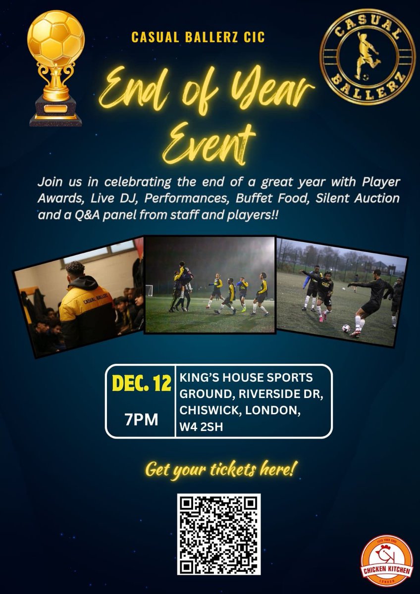 🎉 Join Casual Ballerz CIC this Thurs, 12th Dec, 7 PM–Midnight at Kings House Sports Ground, Chiswick!

🌟 What’s On:
🎬 Mini Doc Premiere
🍴 Buffet
🎶 Live DJ/Performances
🔕 Silent Auction
🏆 Awards

Perfect for networking, showcasing ideas, or just enjoying a great night!