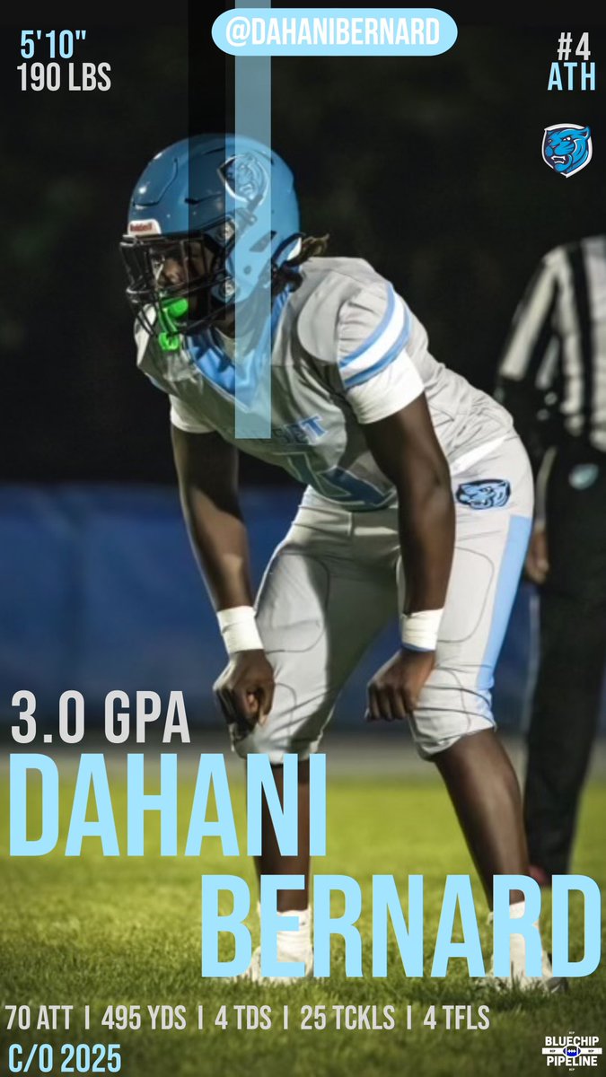 🚨 Prospect Alert 🚨 
<a href="/dahanibernard/">Dahani Bernard</a> 

 🏈 Running back/Linebacker 
🎓 25 
📏 5’10
 ⚖️ 190 
💨 4.56
🏤 Somerset Academy Pembroke Pines 
 📚 3.0 
🏙️ Miami Gardens Fl
☎️ (305) 504-3057
🎥 hudl.com/v/2M34VT hudl.com/v/2PDxMj
hudl.com/v/2QF7Qn