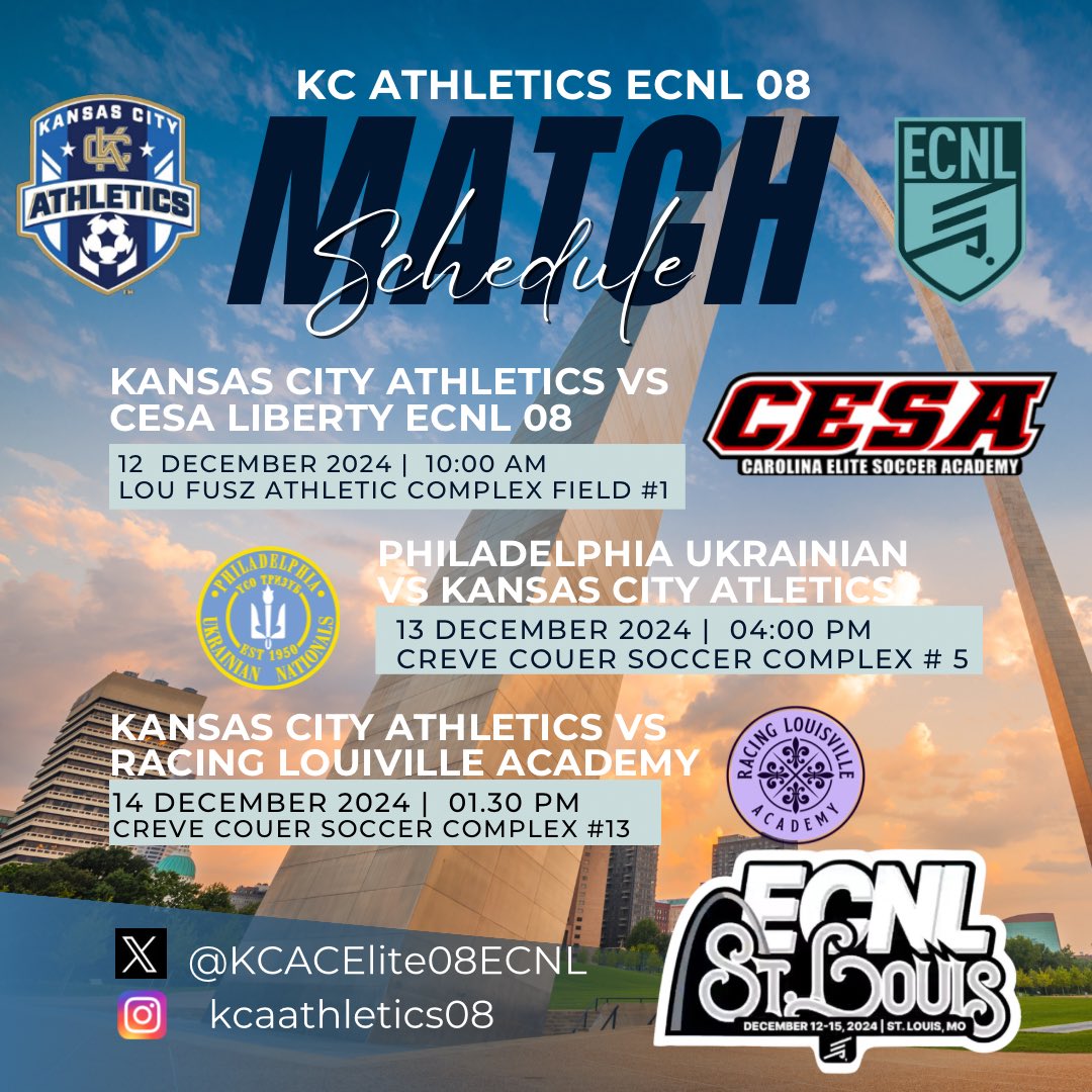 KC Athletics Academy Elite 08 ECNL (@kcacelite08ecnl) on Twitter photo Heading ✈️🚙 to #ECNLSTL‼️ Ready to battle in the cold🥶! Come see us play! Let’s GOOOO KCA!!
<a href="/MarcusKelcher/">Marcus Kelcher</a> <a href="/AthleticsKC/">KC Athletics Soccer Club</a> <a href="/TheSoccerWire/">SoccerWire</a> <a href="/TopDrawerSoccer/">TopDrawerSoccer</a> <a href="/PrepSoccer/">Prep Soccer ⚽️</a> <a href="/AthleticsKCECNL/">KC Athletics ECNL</a> <a href="/ImYouthSoccer/">ECNL/GA/Recruiting/College Soccer</a> <a href="/TheECNL/">The ECNL</a> <a href="/ECNLgirls/">ECNL Girls</a> Heading ✈️🚙 to #ECNLSTL‼️ Ready to battle in the cold🥶! Come see us play! Let’s GOOOO KCA!!
<a href="/MarcusKelcher/">Marcus Kelcher</a> <a href="/AthleticsKC/">KC Athletics Soccer Club</a> <a href="/TheSoccerWire/">SoccerWire</a> <a href="/TopDrawerSoccer/">TopDrawerSoccer</a> <a href="/PrepSoccer/">Prep Soccer ⚽️</a> <a href="/AthleticsKCECNL/">KC Athletics ECNL</a> <a href="/ImYouthSoccer/">ECNL/GA/Recruiting/College Soccer</a> <a href="/TheECNL/">The ECNL</a> <a href="/ECNLgirls/">ECNL Girls</a>