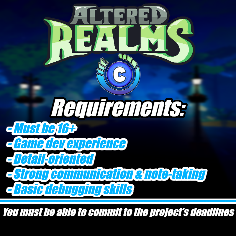 ChiTown_Studios's tweet photo. Our studio is currently looking to recruit new talent for Altered Realms! Check out the details below:

Interested In Working With Us/Contributing? 

Message: @imlvnaire &amp; @Amb3nt on Discord

#RobloxDev #GameDevelopment #NowHiring #JoinOurTeam #Discord #AlteredRealms #ROBLOX https://t.co/RpXrJ0KJvG