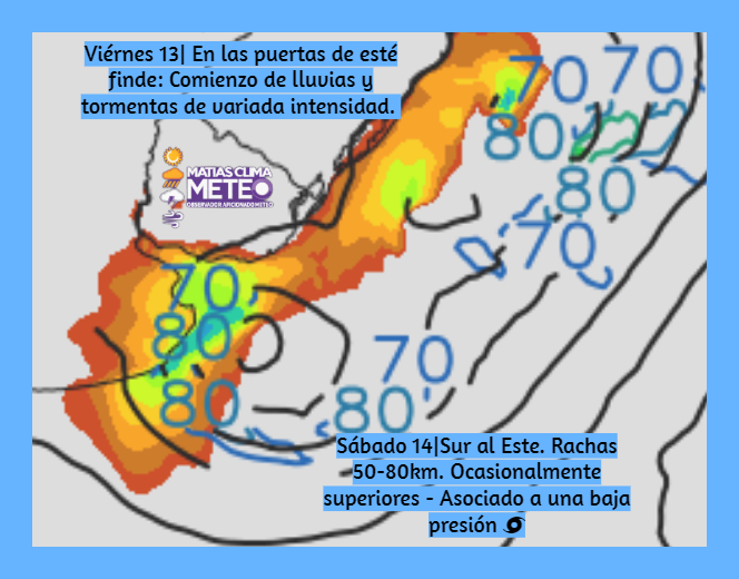 AficionadoMeteo's tweet photo. Viérnes 13| En las puertas de esté finde: Lluvias y tormentas de variada intensidad. Asociado a una baja presión 🌀! No está de más señalar que se pueda formar alguna tromba marina o/ nube embudo.!
Sábado 14| Al día de #hoy Sur al Este. Rachas 50-80km. #Aviso - #infoPrevio! https://t.co/TdoyNTN5Dt