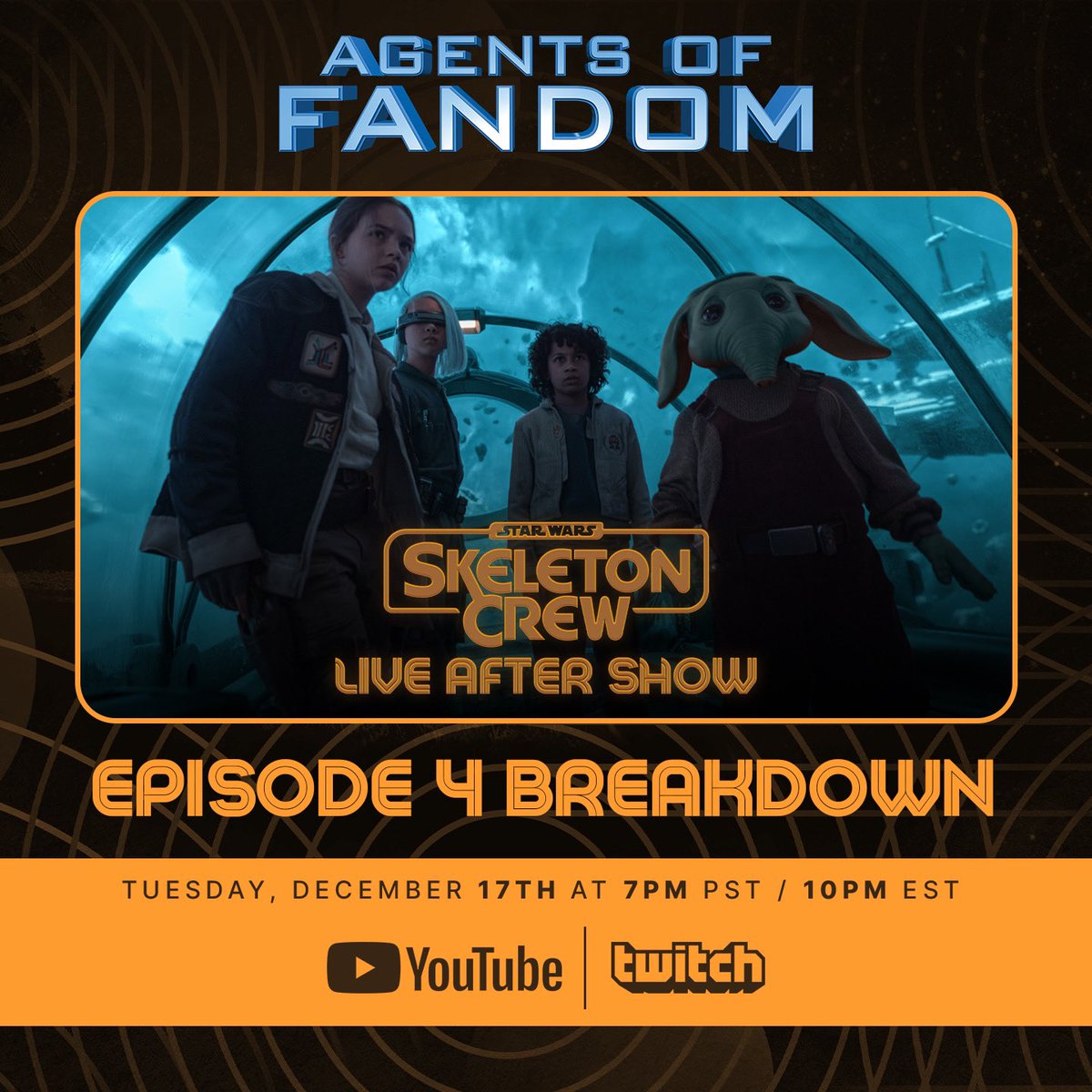 AgentsFandom's tweet image. It’s #SkeletonCrew Time! 

Come hang out with @TJ_Zwarych5, @DamonTweet, and @TCRochesterACT LIVE immediately after the episode for our theories, reactions, and moreZ

youtube.com/live/hvfHk0r5-…

Come hang out in chat!