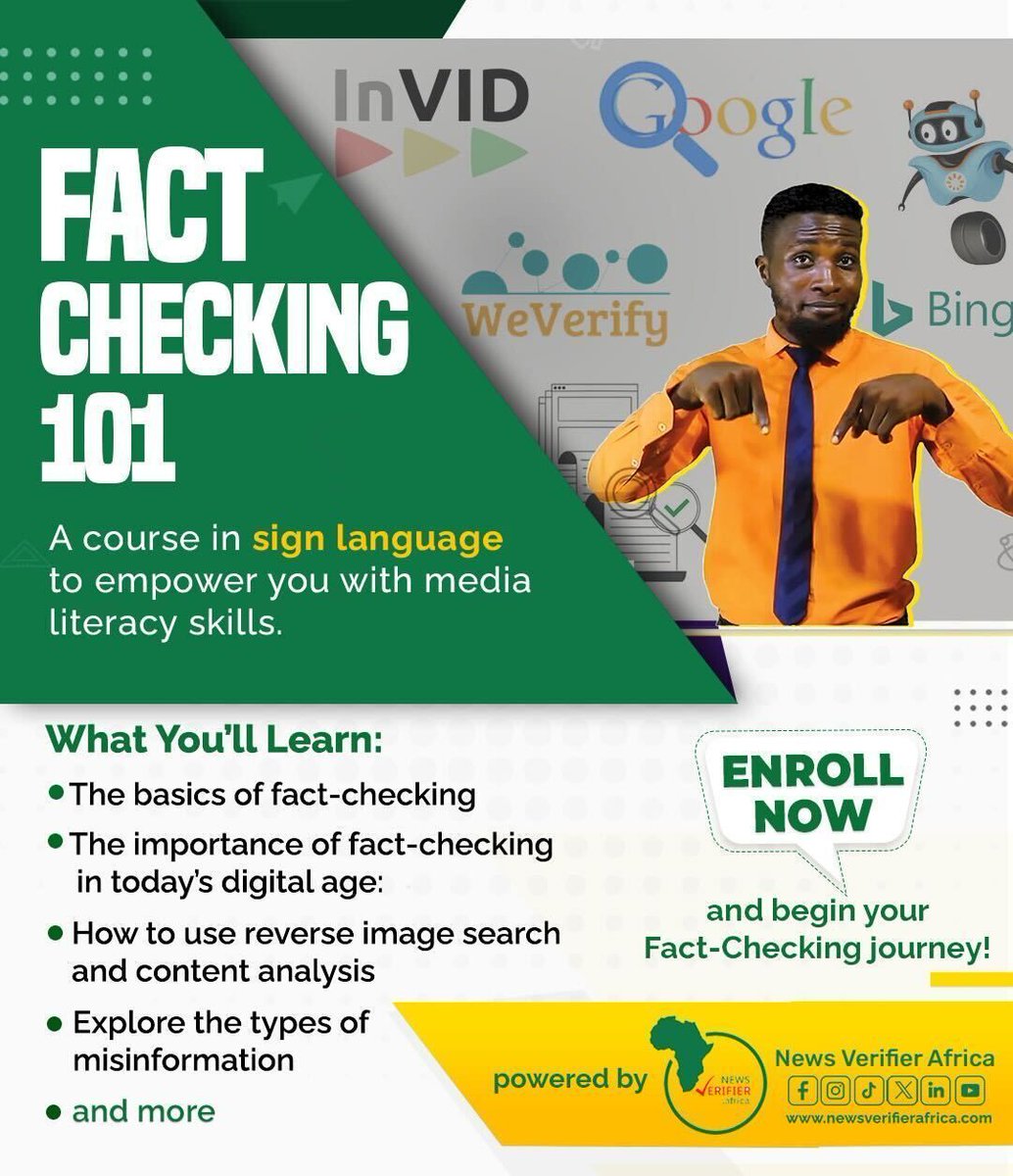 ICFJ's tweet photo. Want to learn how to verify information? Check out @NVAFactchecks’ sign language video course! Sign up now to learn how to fact-check claims, images and videos: https://t.co/30AFeGlxYl https://t.co/HadRT9CgSk