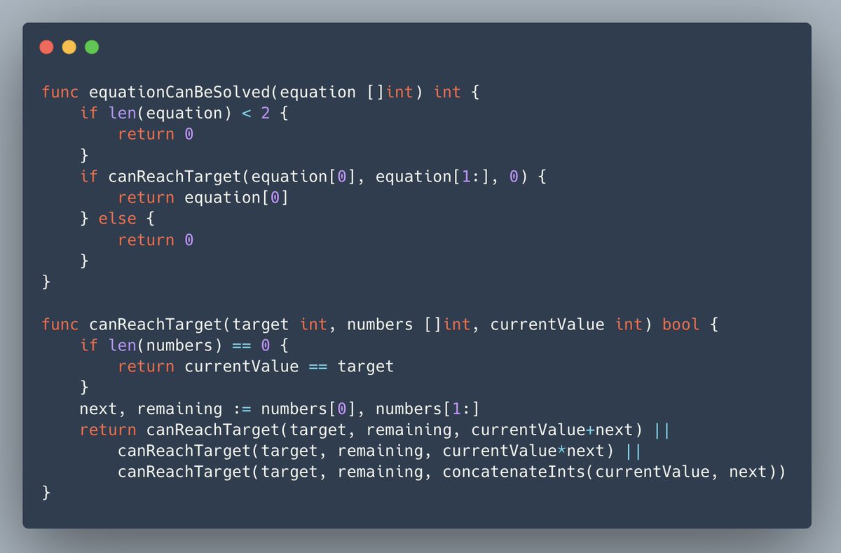 jnchaba's tweet photo. I've completed "Bridge Repair" - Day 7 - Advent of Code 2024 https://t.co/Dw7GhObwPO  #AdventOfCode #Go

Took a break for a couple days. Now it's catch-up time!

Recursion to the rescue! https://t.co/DMc7bgjWbX