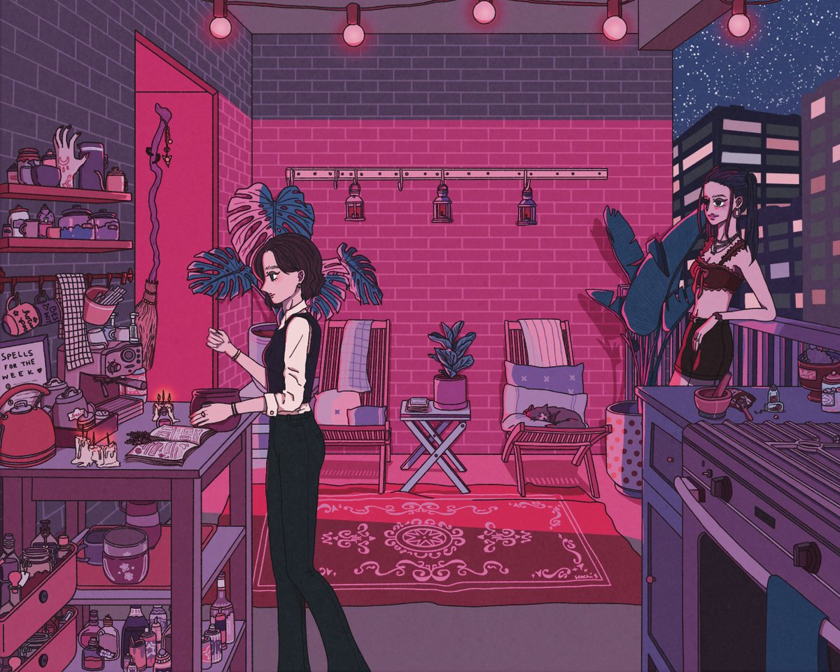 seachi_'s tweet photo. Modern Witches: Down time 🌙

🧙‍♀️🕯️🔮🐈‍⬛
#OCart #Art https://t.co/vExy3HKcQ3