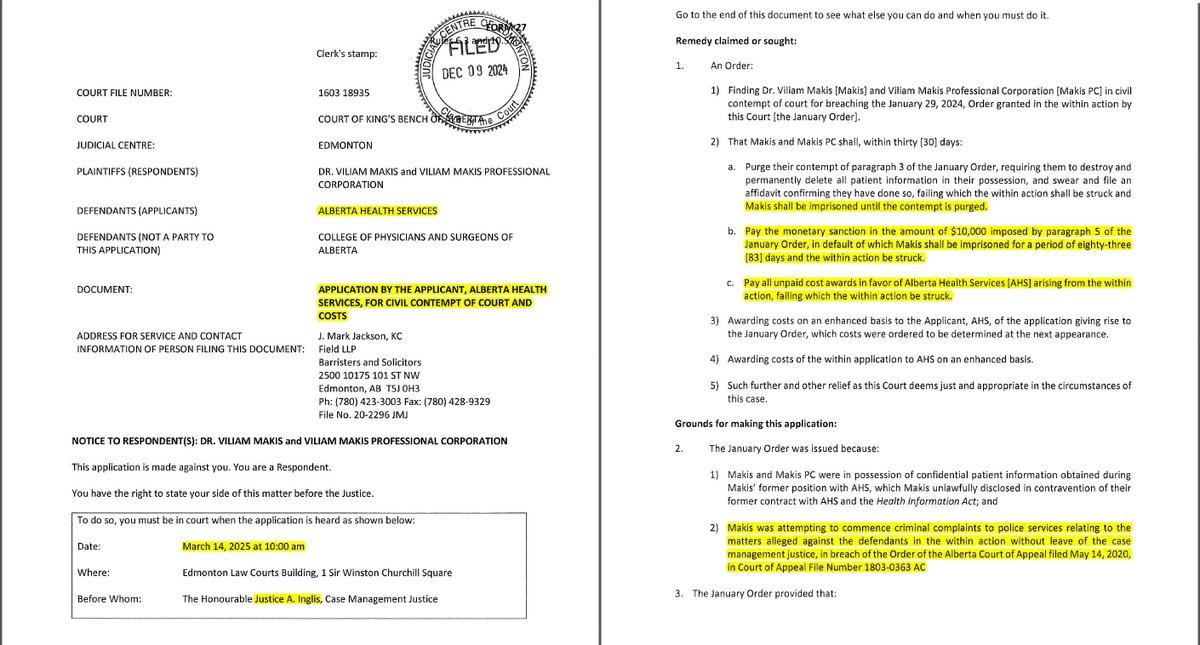 MakisMedicine's tweet image. BREAKING NEWS: Alberta Premier Danielle Smith and her AHS lawyers have just filed Court Documents:

- threatening my Podcast posted on Twitter/X 🔥
- seeking to have me imprisoned for 83 days
- threatening &amp;amp; extorting my family for ~$56,000
- threatening me for going to…