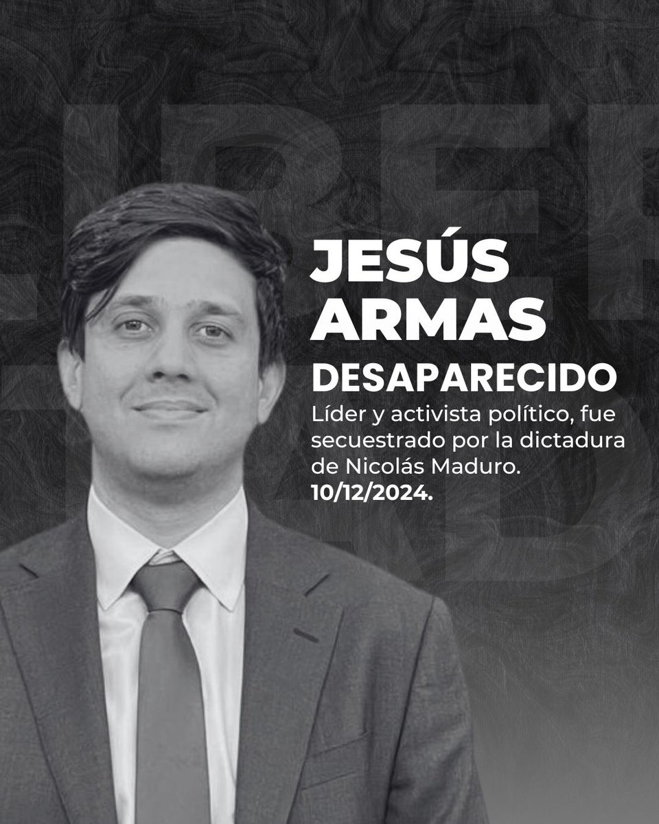 VenteDDHH's tweet photo. #Urgente Jesús Armas, activista político fue secuestrado en Caracas, por funcionarios del régimen la tarde de este #10Dic. 

Su detención es un claro ejemplo de la persecución contra la disidencia. 

Hoy en el día de los derechos humanos, siguen demostrando su política represiva deteniendo arbitrariamente a cualquiera que piensa diferente. 

A pesar de la represión seguiremos alzando la voz y exigiendo la libertad de todos los presos políticos en Venezuela