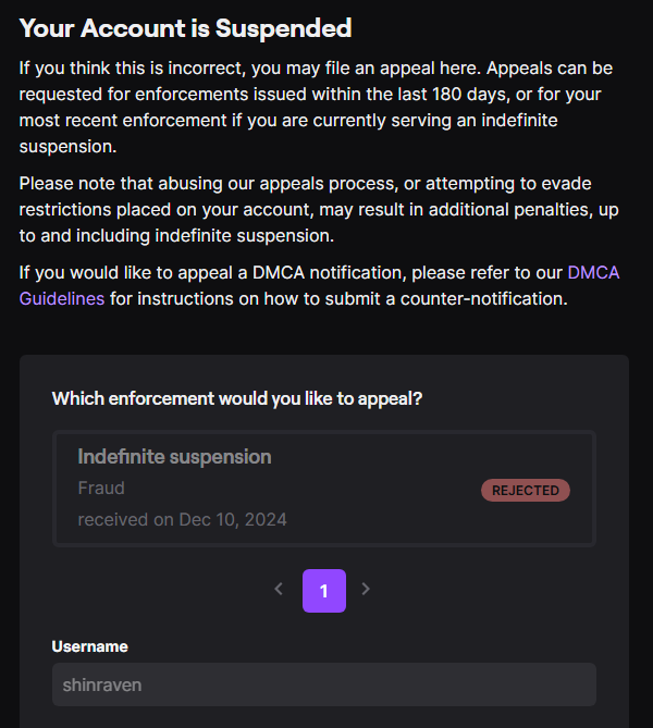 shinraven's tweet photo. @Twitch @TwitchSupport My twitch account has been indefinitely suspended for fraud. This must be an error. I've done nothing fraudulent. I've tried to appeal but it was instantly rejected. What should I do? Please help! https://t.co/glbSYaxpB4