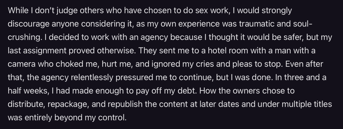 safeortrue's tweet photo. Something to think about next time you're on pornhub. Don't delude yourself because the truth is uncomfortable.

Respect to @buttonslives for describing the series of circumstances that led to this. Tough to read but you should. https://t.co/Mh3K63BrRw