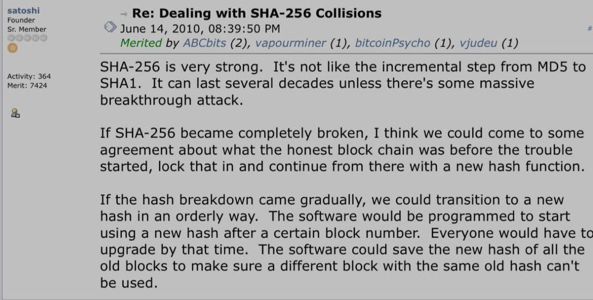 👇 Satoshi’s take on a “massive breakthrough attack” like quantum computing compromising SHA-256 encryption and the #Bitcoin network.