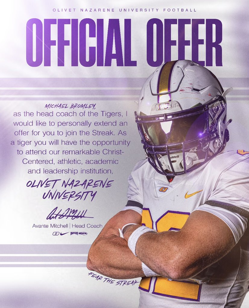 Michael Bromley (@bromz2007) on Twitter photo Blessed to receive an offer from Olivet Nazarene University!
<a href="/Showtime_CoachP/">Princealex AyoOla</a> <a href="/dnelson49/">Dave Nelson</a> <a href="/Taber_77/">Coach Taber</a> <a href="/coachamitchell1/">Avante Mitchell</a> <a href="/UnityFootball/">UnityFootball</a> Blessed to receive an offer from Olivet Nazarene University!
<a href="/Showtime_CoachP/">Princealex AyoOla</a> <a href="/dnelson49/">Dave Nelson</a> <a href="/Taber_77/">Coach Taber</a> <a href="/coachamitchell1/">Avante Mitchell</a> <a href="/UnityFootball/">UnityFootball</a>