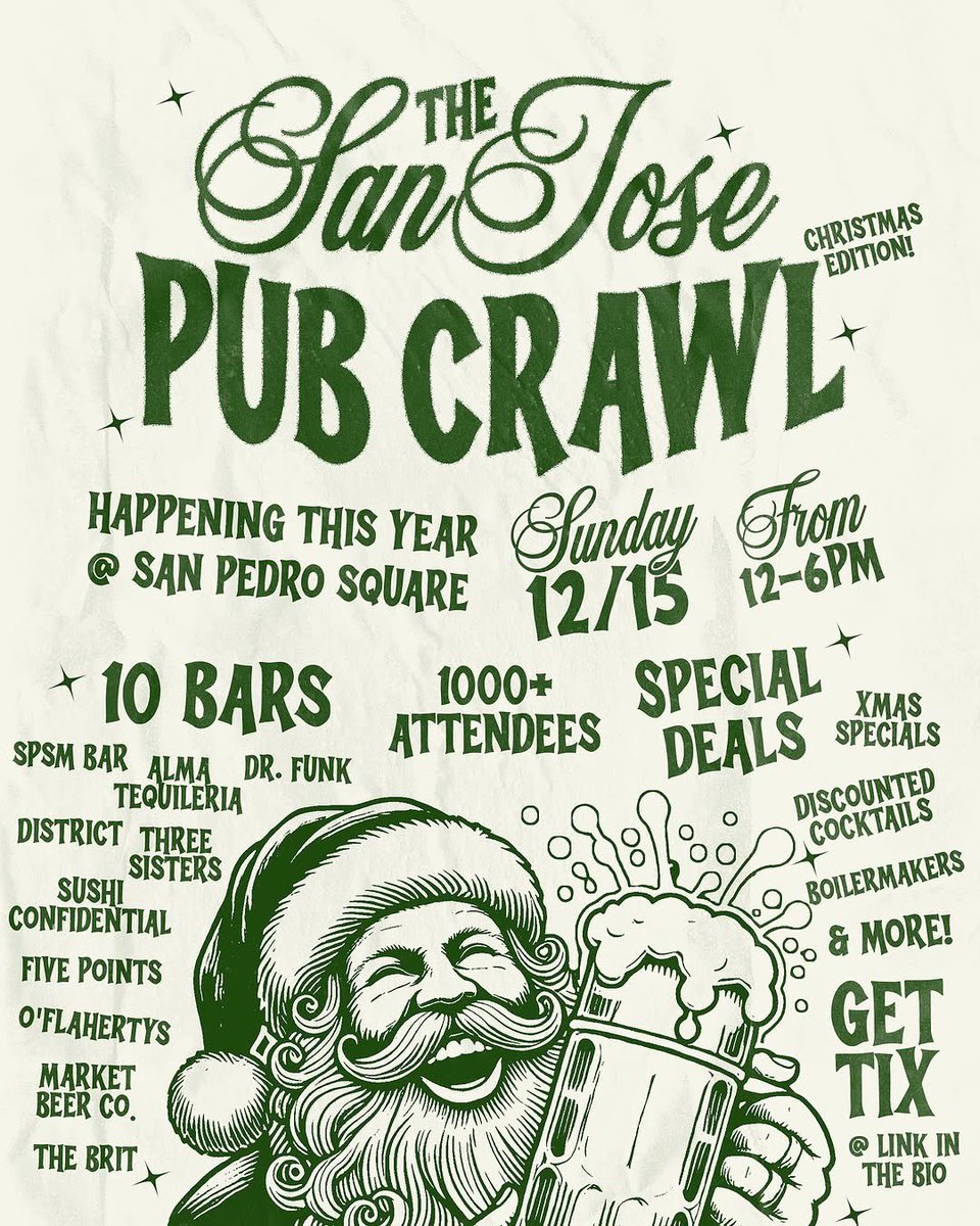 Get festive this Sunday, Dec. 15 in San Pedro Square with TWO fun holiday events!

🎅 The Santa Run Silicon Valley 🎅
➡️ Visit santarunsv.com

🎄The San Jose Pub Crawl: Christmas Edition 🎄
➡️ Visit tinyurl.com/thesjpubcrawlc…