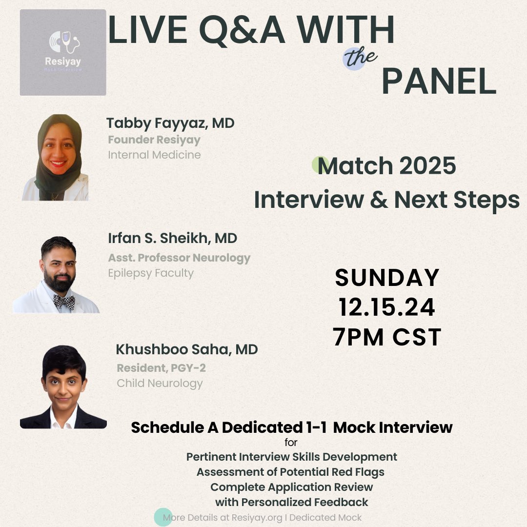 Resiyay22's tweet photo. Join us for an interactive Instagram live session with the Resiyay Interview Panel about Match 2025 interviews and next steps including post interview correspondence and match day. 

Visit https://t.co/ru6whkfJ4G to schedule a dedicated mock 

#match2025 #residency #mentor https://t.co/th8NEx3Egv