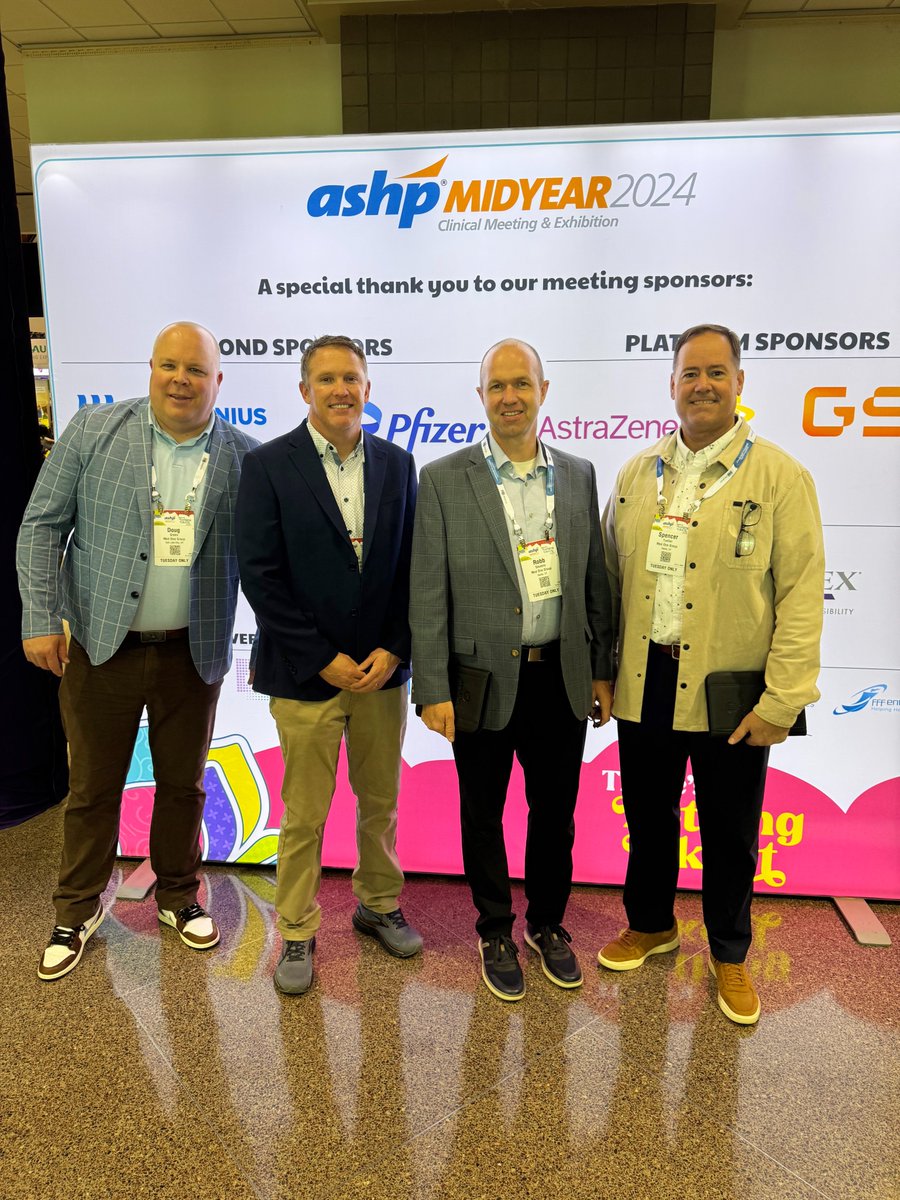 medonegroup's tweet photo. Doug Green, Dal Holman, Robb Stevens, and Spence Tueller representing at ASHPโthe world's largest gathering of pharmacy pros! ๐ค From networking with vendors to exploring innovations in pharmacy, our team had a great time connecting and learning. #ASHP2024 #MedOne https://t.co/HyPD8RiEXT