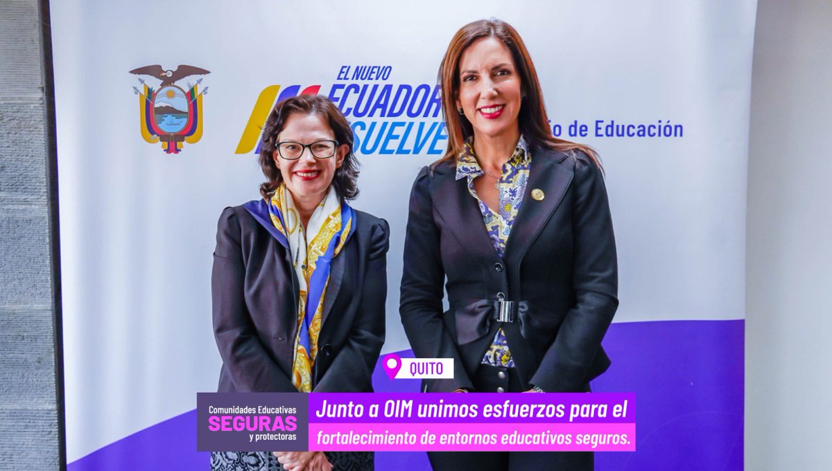 Educacion_Ec's tweet photo. La ministra @AlegriaCrespo sostuvo una reunión con Kristina Mejo, representante de @OIMEcuador para fortalecer el trabajo conjunto en favor del bienestar integral de la comunidad educativa. 

Durante el encuentro, se abordaron temas clave como:

✅ Promover la escolarización y garantizar el acceso, la permanencia y continuidad educativa de los niños, niñas y adolescentes. 
✅ Crear oportunidades que impulsen un futuro lleno de posibilidades para los jóvenes.
✅ Mitigar los efectos de la migración desde las aulas, fomentando el respeto a los derechos de los estudiantes y sus familias.

#ComunidadesEducativasSeguras