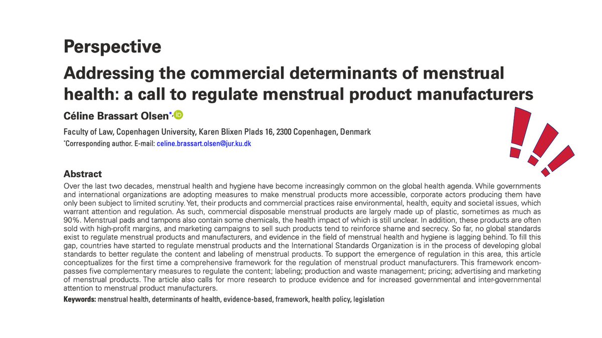 ✍🏻 This recent article discusses the commercial determinants of menstrual health, regulating menstrual product manufacturers, and the need for more research and governmental attention to menstrual product manufacturers: 
Check it out here! 🔗bit.ly/3BkdjXF