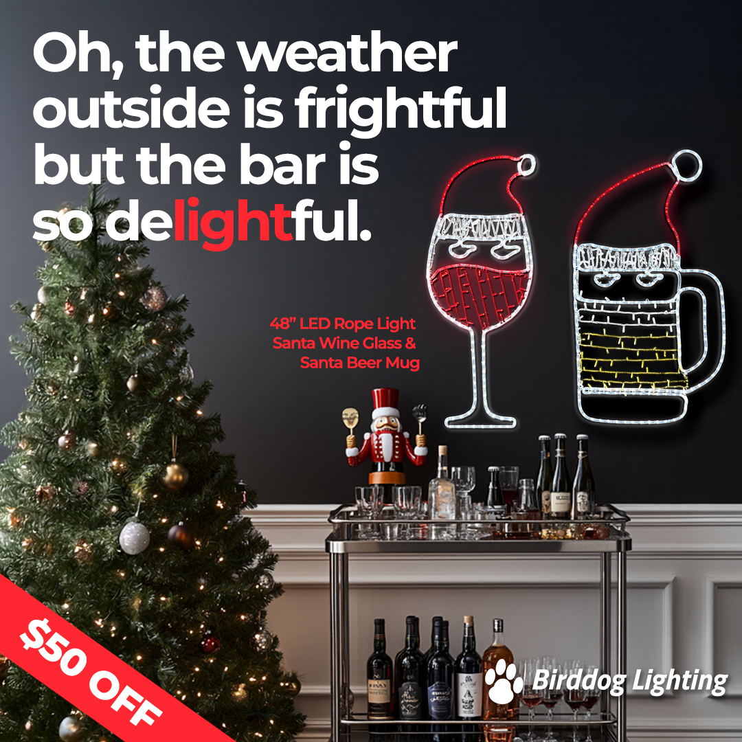 BirddogLighting's tweet image. 🎄 brd.dog/LEDBarSigns 🎄 Deck your bar with our 48" LED Rope Light Santa Wine Glass and Beer Mug! Big, bright, and $50 off through 12/15. Light up your holiday spirits and save! 🍷🍺
#HolidayBarDeco #LEDSigns #BarCartUpgrade #BirddogLighting