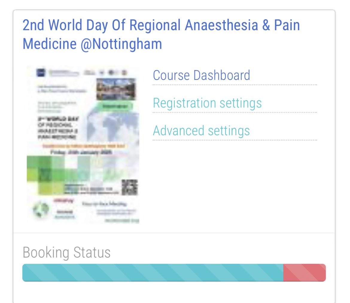 Amr Hassan (@dramrsharaf) on Twitter photo Last 5 places 🤞#ESRA2ndWolrdDayNottingham
Programme finalised 👌
Speakers 🥇👍
Trainees leadership opportunity
6 CPD approved <a href="/RCoANews/">Royal College of Anaesthetists</a>
Can’t wait
<a href="/ESRA_Society/">ESRA | European Society of Regional Anaesthesia</a> <a href="/RegionalAnaesUK/">RA-UK</a>
<a href="/Assoc_Anaes/">Association of Anaesthetists</a> <a href="/MERCAT_EastMids/">MERCAT</a> <a href="/AnaesthesiaNuh/">NUH_Anaesthesia</a> <a href="/ESRA_trainees/">ESRA Trainees</a> <a href="/mokaeleni/">Eleni Moka</a> Last 5 places 🤞#ESRA2ndWolrdDayNottingham
Programme finalised 👌
Speakers 🥇👍
Trainees leadership opportunity
6 CPD approved <a href="/RCoANews/">Royal College of Anaesthetists</a>
Can’t wait
<a href="/ESRA_Society/">ESRA | European Society of Regional Anaesthesia</a> <a href="/RegionalAnaesUK/">RA-UK</a>
<a href="/Assoc_Anaes/">Association of Anaesthetists</a> <a href="/MERCAT_EastMids/">MERCAT</a> <a href="/AnaesthesiaNuh/">NUH_Anaesthesia</a> <a href="/ESRA_trainees/">ESRA Trainees</a> <a href="/mokaeleni/">Eleni Moka</a>