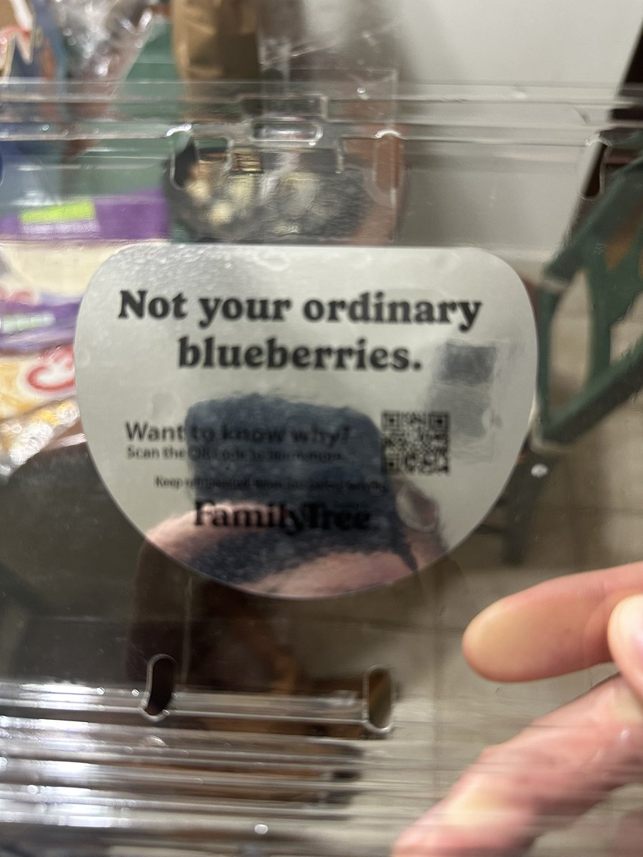 hills631's tweet photo. QR code on a reflective sticker of suspiciously good tasting blueberries. Excellent gambit Sir https://t.co/rpqkzdH2zj
