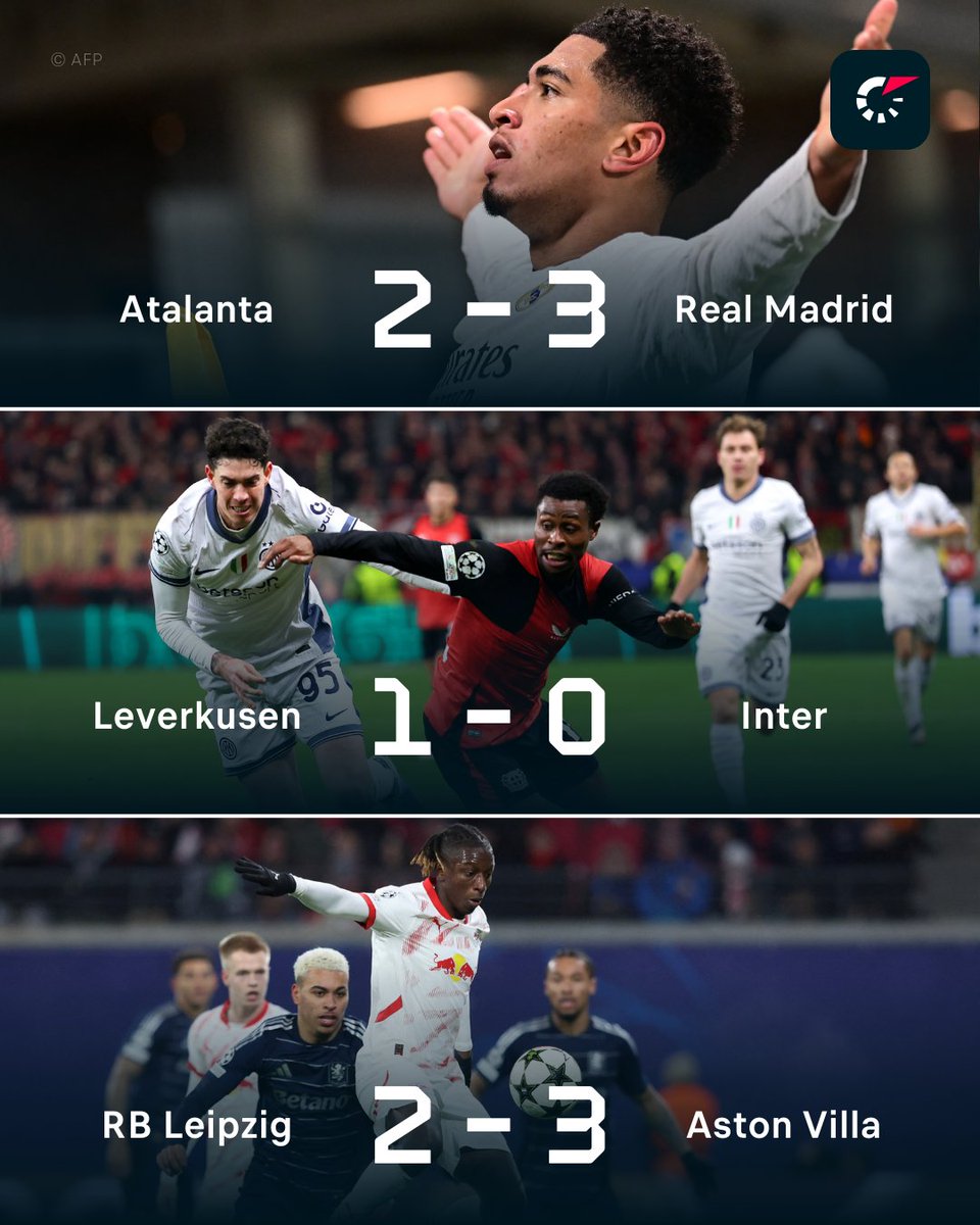 FlashscoreES's tweet photo. La victoria del Real Madrid ante Atalanta 🇮🇹 se encuadra en una noche en la que varios partidos se han decidido por la mínima

#UCL #ChampionsLeague #AtalantaRealMadrid #ATARMD #LeverkusenInter #LEVINT #LeipzigAstonVilla https://t.co/df9xCAKHAI