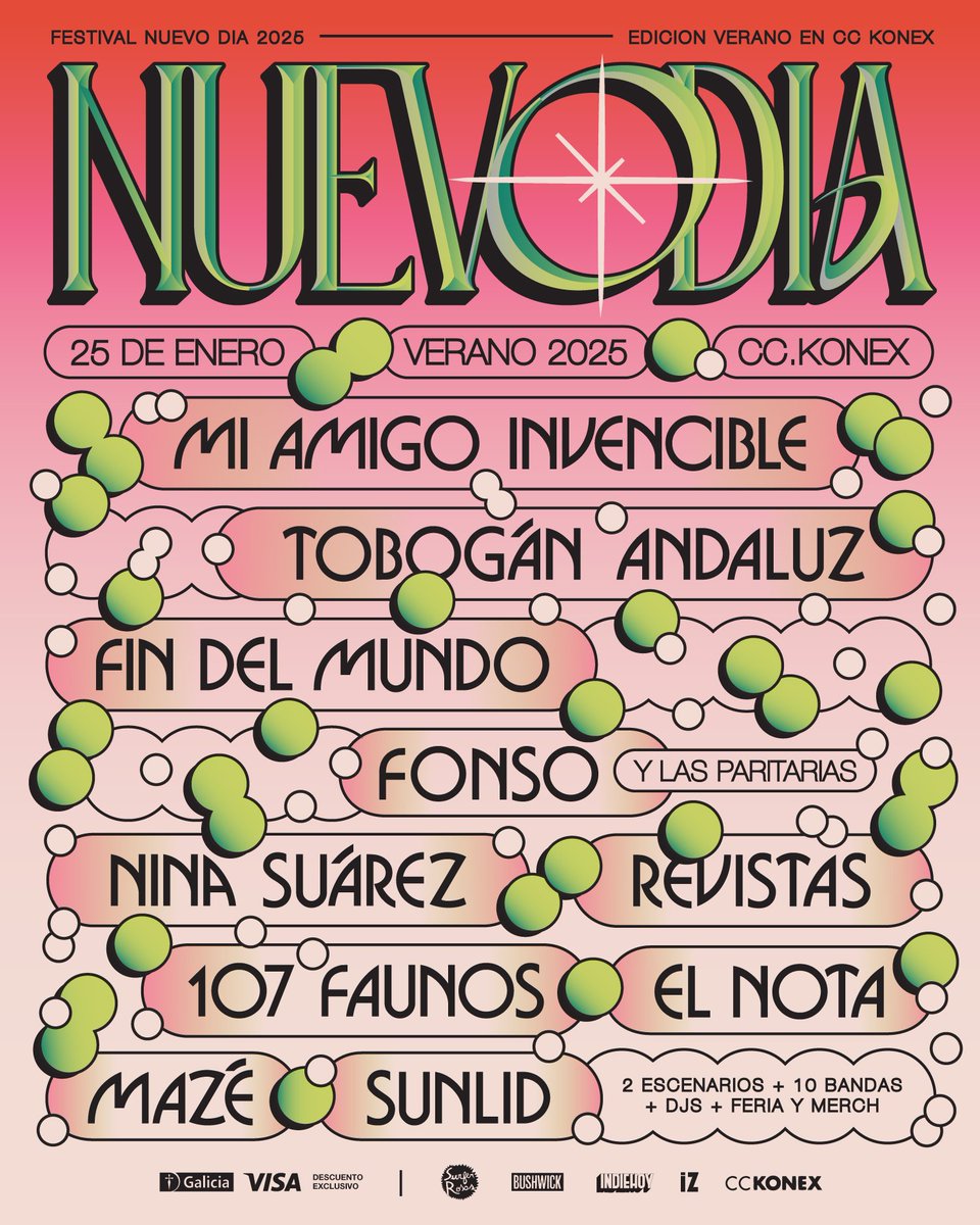 🎣🎣🎣 Vuelve el Festival Nuevo Día de verano y con una edición especial con <a href="/amigoinvencible/">Mi Amigo Invencible</a>, <a href="/ToboganAndaluz/">Tobogán Andaluz</a>, <a href="/lasfindelmundo/">Fin del Mundo</a>, <a href="/fonsofonsi/">Lucas</a>, <a href="/ninasuarez_/">Nina Suárez</a>, <a href="/revistas__/">Revistas</a>, @NazaretNota, <a href="/107Faunos/">107faunos</a>, el Maze y <a href="/sunlidbanda/">Sunlid</a> 

Este 25 de enero en el Konex como siempre
Nv ahí 🧸🧸🧸