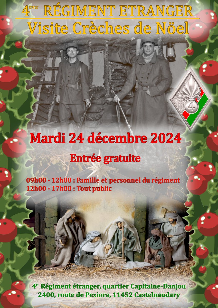 4RE_CDC's tweet photo. 🎄La veille de #Noël, venez voir les crèches du 4e Étranger à #Castelnaudary!
🟢🔴Chaque compagnie monte sa crèche: les #légionnaires rivalisent d'ingéniosité pour exprimer le respect des Anciens et la fraternité des vivants https://t.co/G2cbAkC2KY