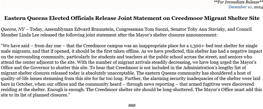 Ed Braunstein (@edbraunstein) on Twitter photo Today, I released the following joint statement with <a href="/RepTomSuozzi/">Tom Suozzi</a>, Senator @TobyStavisky, and <a href="/CMLindaLee/">Council Member Linda Lee</a> regarding the Creedmoor Migrant Shelter site. Today, I released the following joint statement with <a href="/RepTomSuozzi/">Tom Suozzi</a>, Senator @TobyStavisky, and <a href="/CMLindaLee/">Council Member Linda Lee</a> regarding the Creedmoor Migrant Shelter site.