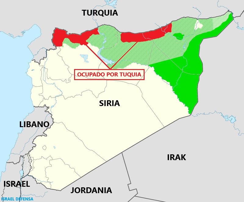 Defensa_Israel's tweet photo. Todos los medios reaccionan histéricamente ante unos cuantos km de terreno de nadie que ha ocupado #Israel para evitar que los yihadistas amenacen nuestra frontera, pero ninguno menciona la invasión turca del norte de #Siria.
🇮🇱🇹🇷🇸🇾 - Parte 1
- Parece que no se han enterado de que Turquía ha invadido 8.835 km² de Siria, incluidas las ciudades de al-Bab, Azaz, Jarabulus, Rajo, Tal Abyad y Ras al-Ayn y más de 90 comunidades menores. 
Parte 2 👇