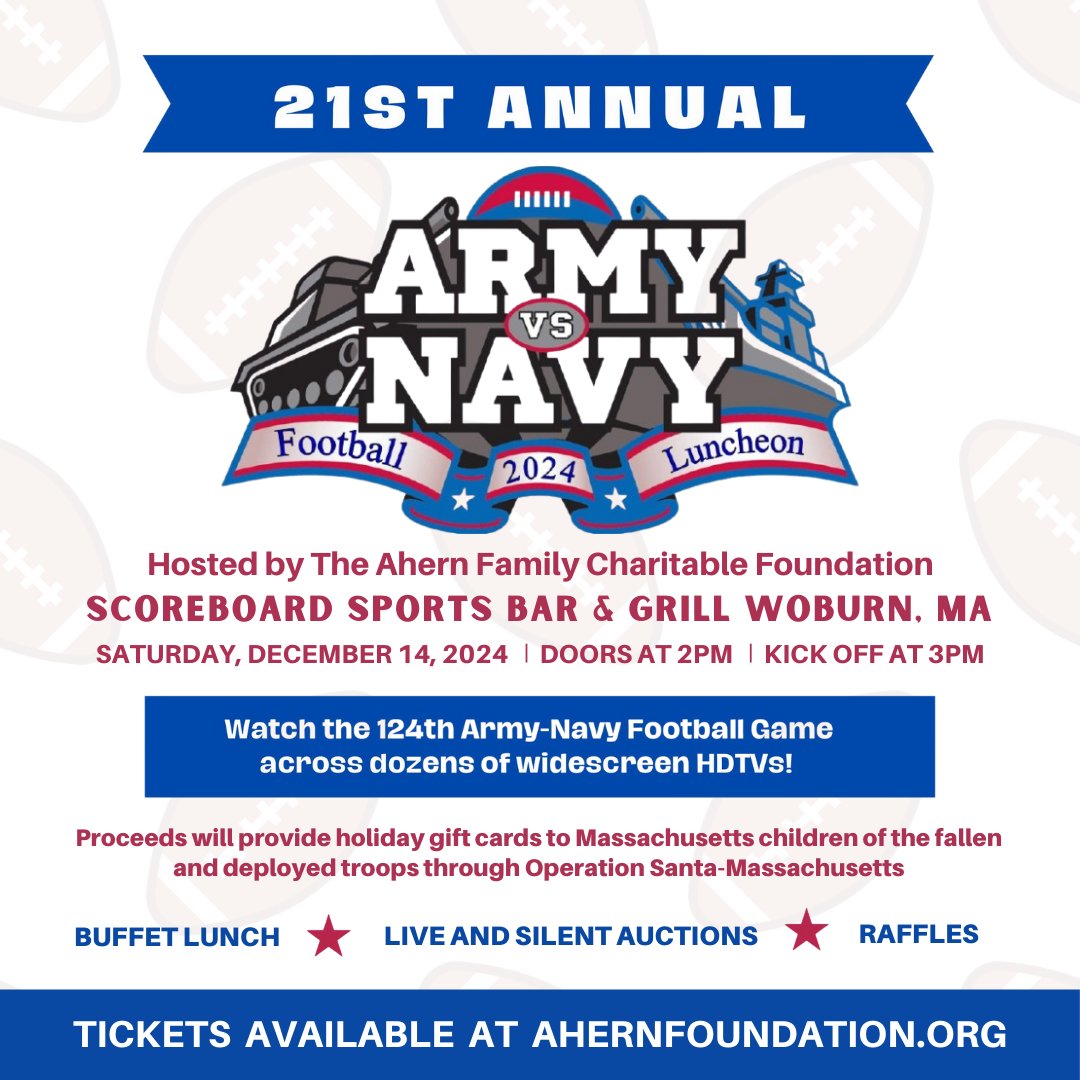 CKCommGroup's tweet image. The Ahern Family Charitable Foundation will host their 21st Annual Army-Navy Football Luncheon at Scoreboard Sports Bar &amp;amp; Grille in Woburn, MA this Sat. 12/14! Tickets and more information at ahernfoundation.org