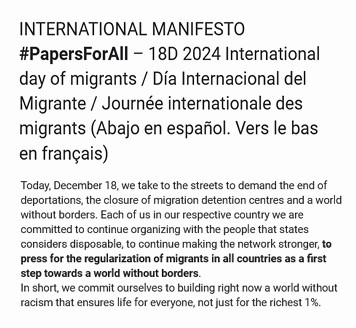 Sign the #PapersForAll manifesto for 18 December International Day of Migrants. Commit with organisations around the world that fight for papers for all migrants, regardless of our immigration status or nationalities. docs.google.com/forms/d/e/1FAI…