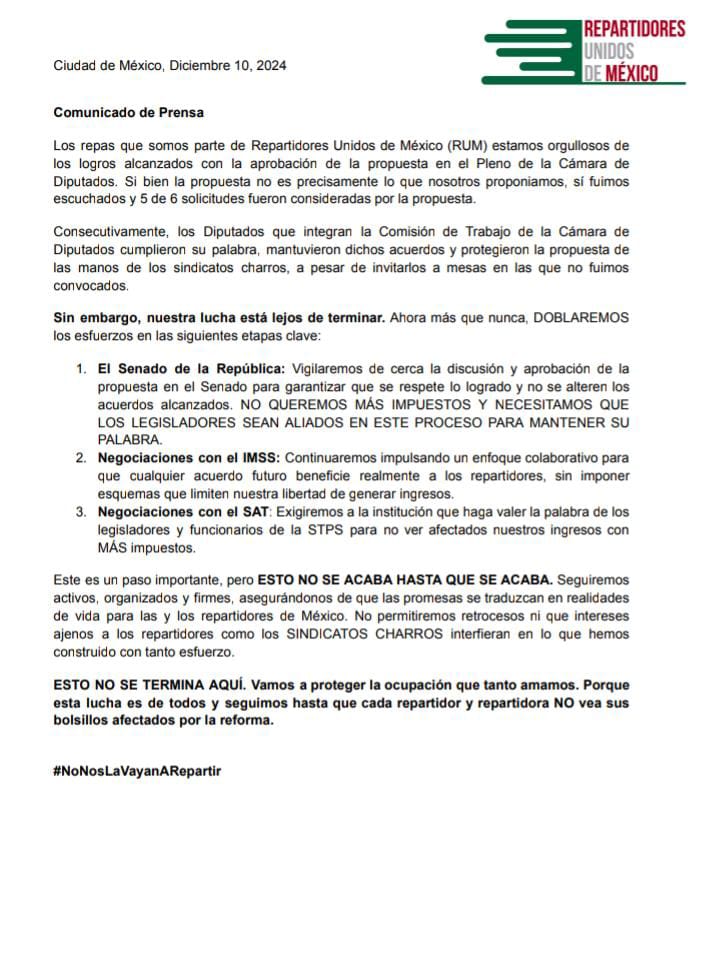 Comunicado de Prensa
Los repas que somos parte de Repartidores Unidos de México (RUM) estamos orgullosos de los logros alcanzados con la aprobación de la propuesta en el Pleno de la Cámara de Diputados. Si bien la propuesta no es precisamente lo que nosotros proponiamos, sí