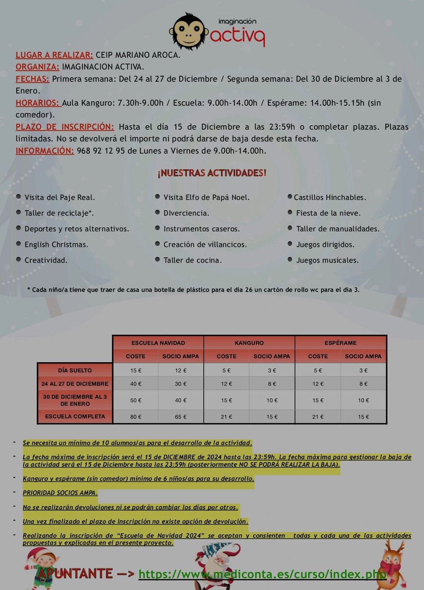 Ya está abierto el plazo de inscripción de nuestra escuela de navidad.
No te quedes sin tu plaza.